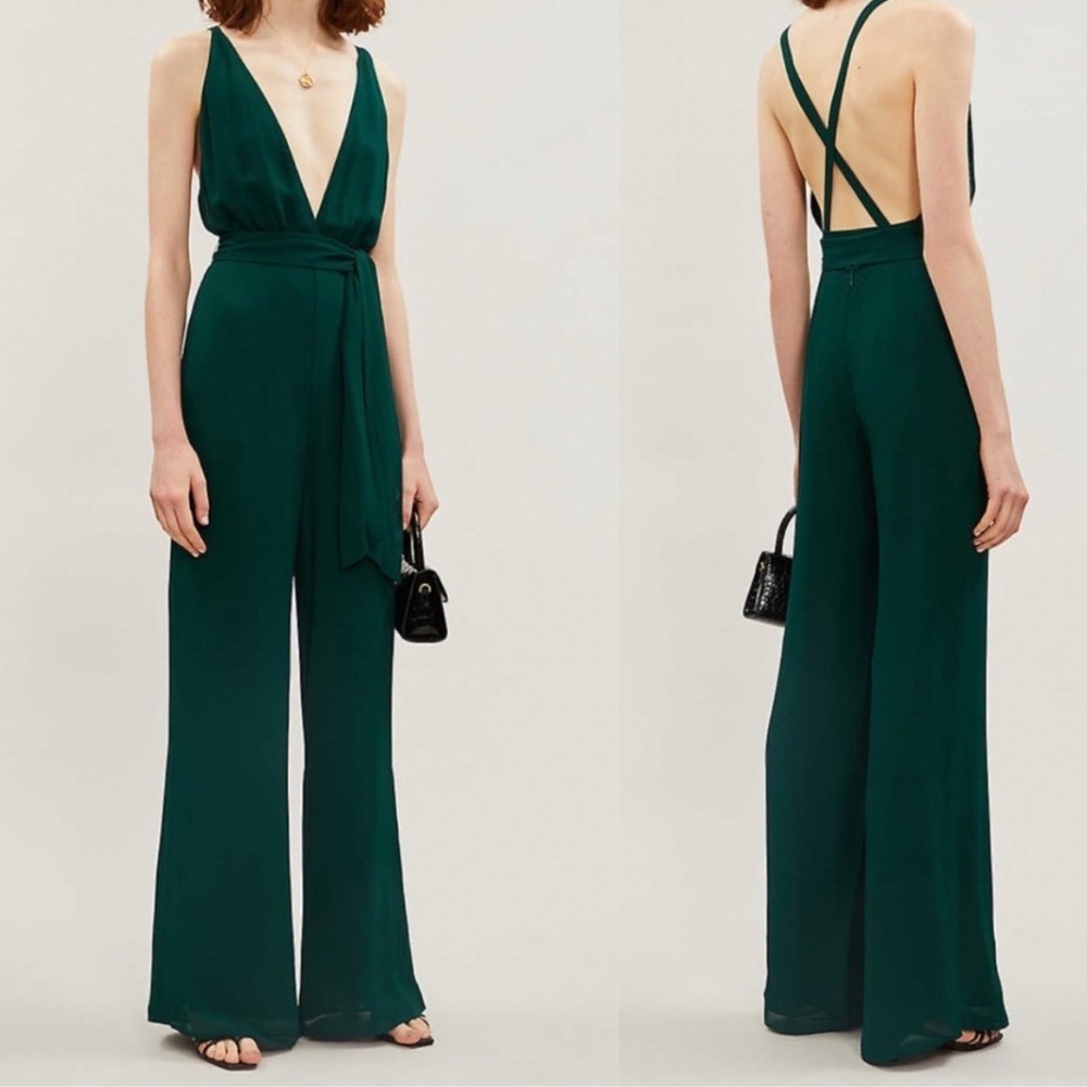 Reformation Sofi Georgette Jumpsuit Emerald Green Wide Leg Plunge Women's 4P‎